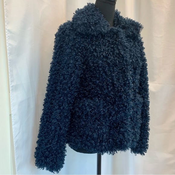 Zara navy blue faux shearling fur teddy jacket coat Sz S - Picture 6 of 13